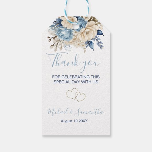 Elegant Blauw en Ivoor Roos Bruiloft Cadeaulabel (Achterkant)