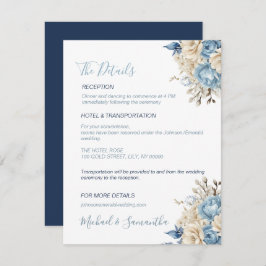 Elegant Blauw en Ivoor Roos Bruiloft Informatiekaartje