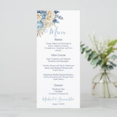 Elegant Blauw en Ivoor Roos Bruiloft Menu (Staand voorkant)