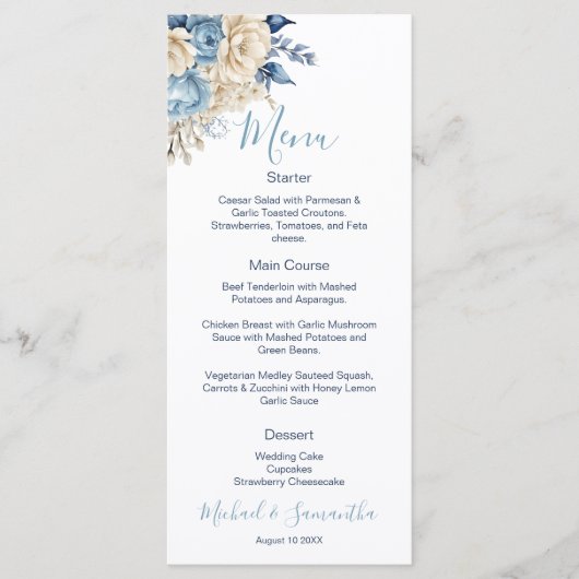 Elegant Blauw en Ivoor Roos Bruiloft Menu (Voorkant)