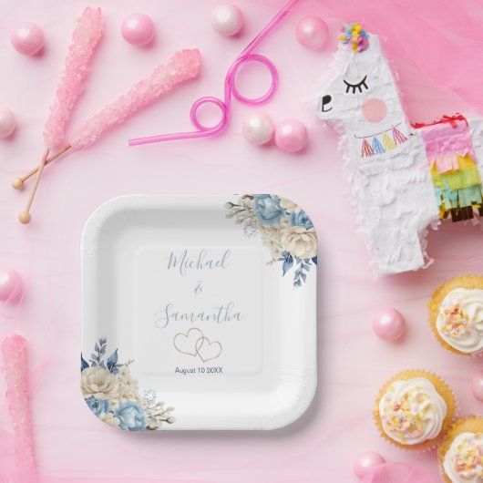 Elegant Blauw en Ivoor Roos Bruiloft Papieren Bordje (Feest)