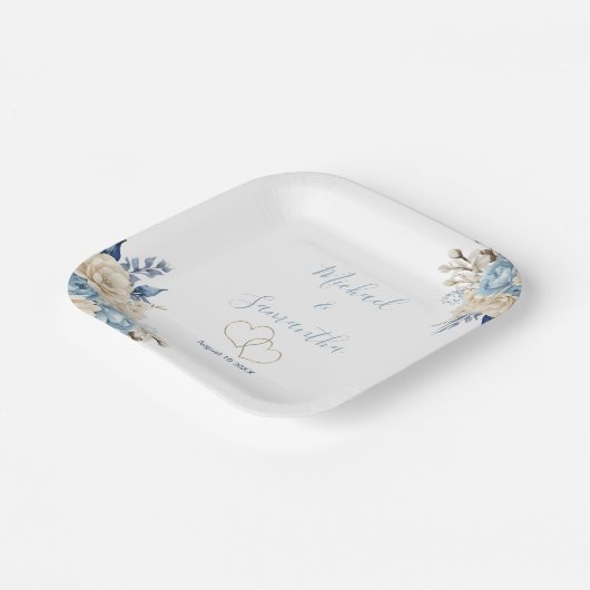 Elegant Blauw en Ivoor Roos Bruiloft Papieren Bordje (Gebogen)