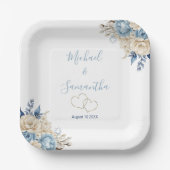 Elegant Blauw en Ivoor Roos Bruiloft Papieren Bordje (Voorkant)