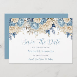 Elegant Blauw en Ivoor Roos Bruiloft Save The Date