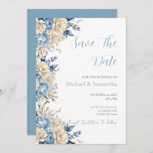 Elegant Blauw en Ivoor Roos Bruiloft Save The Date (Voorkant / Achterkant)