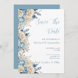 Elegant Blauw en Ivoor Roos Bruiloft Save The Date