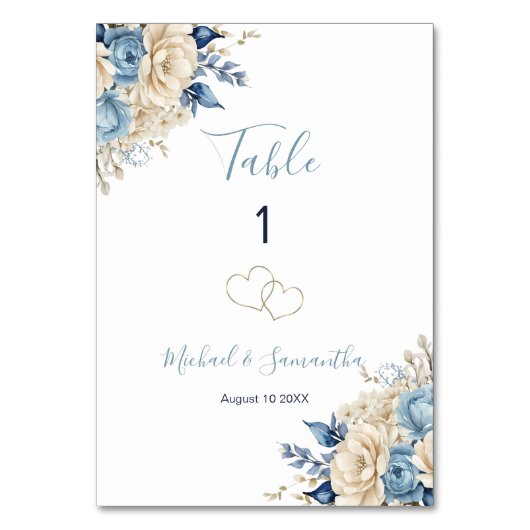 Elegant Blauw en Ivoor Roos Trouwbord Kaart (Voorkant)