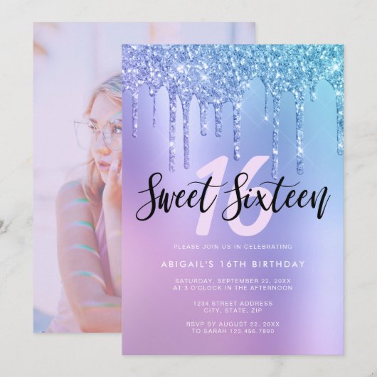 Elegant blauw en paars glitter druppelt zoet zesti kaart (Voorkant / Achterkant)