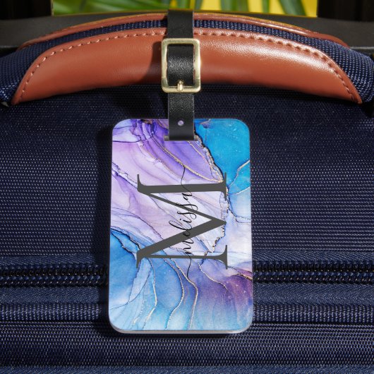 Elegant blauw en Paarse gemarmerd monogram Bagagelabel (Voorkant Insitu 2)