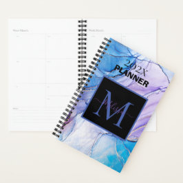 Elegant Blauw en Paarse Gemarmerd Monogram Planner