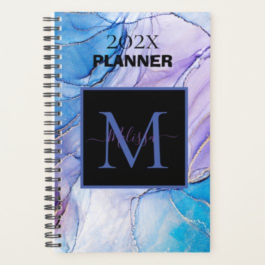 Elegant Blauw en Paarse Gemarmerd Monogram Planner (Voorkant)