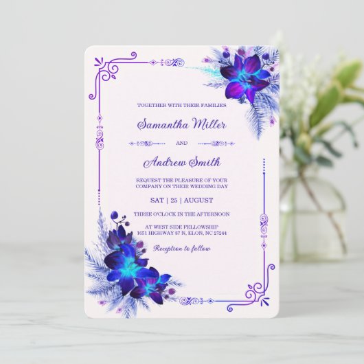 Elegant Blauw en Paarse Orchidee Bruiloft Kaart (Staand voorkant)