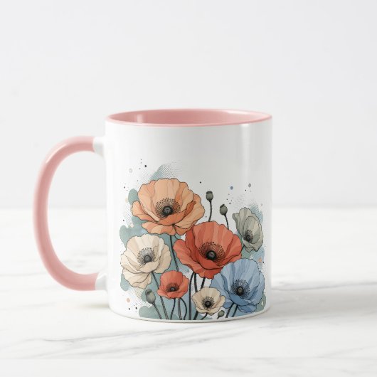 Elegant blauw en perzik bloemendesign mok (Links)