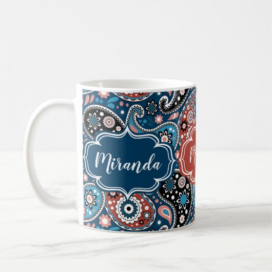 Elegant Blauw en Rood Paisley Print Aangepaste Tek Koffiemok (Links)