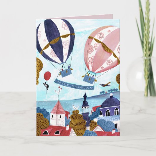 Elegant blauw en rood Warm Luchtballon Happy Birth Kaart (Voorkant)