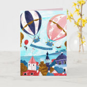 Elegant blauw en rood Warm Luchtballon Happy Birth Kaart (Gele Bloem)