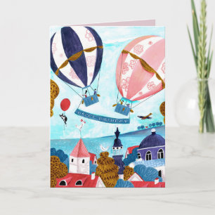 Elegant blauw en rood Warm Luchtballon Happy Birth Kaart