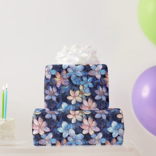 Elegant Blauw en Roze Bloemen Mozaïek Glas Patroon Cadeaupapier