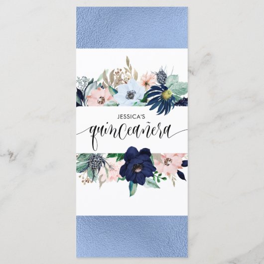 Elegant Blauw en Roze Bloemen Quinceañera Blauw Fo Menu (Achterkant)