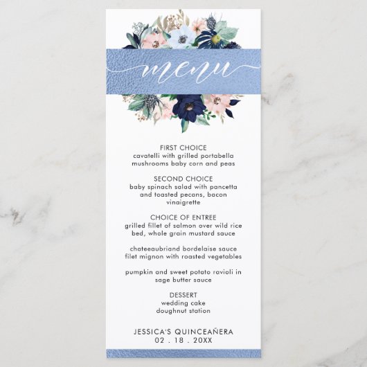 Elegant Blauw en Roze Bloemen Quinceañera Blauw Fo Menu (Voorkant)