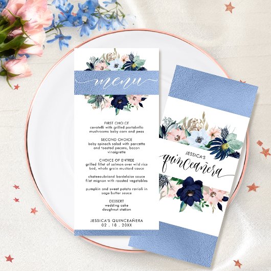 Elegant Blauw en Roze Bloemen Quinceañera Blauw Fo Menu
