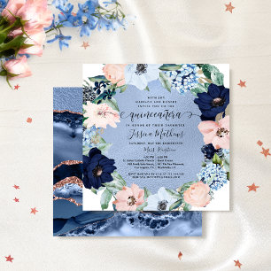 Elegant Blauw en Roze Quinceañera, Bloemen Kaart