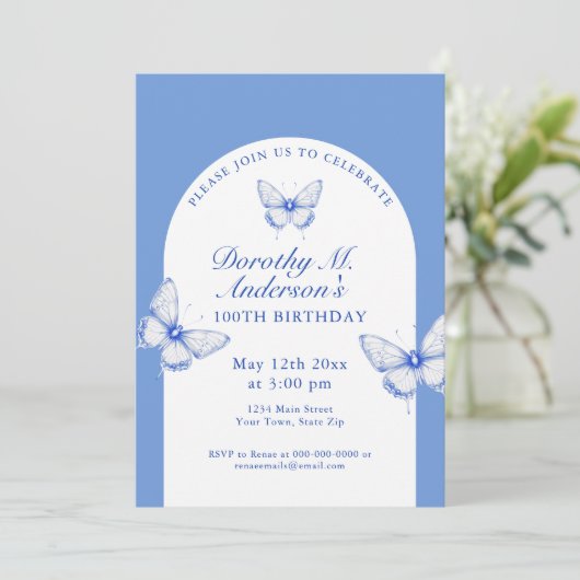 Elegant blauw en wit 100e verjaardagsfeest kaart (Staand voorkant)