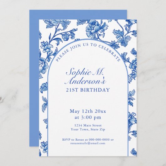 Elegant blauw en wit 21e verjaardagsfeest kaart (Voorkant / Achterkant)