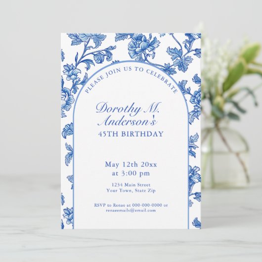 Elegant blauw en wit 45e verjaardagsfeest kaart (Staand voorkant)