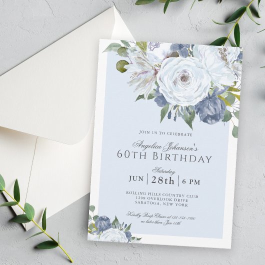 Elegant Blauw en Wit Bloemen 60ste Verjaardagsfees Kaart