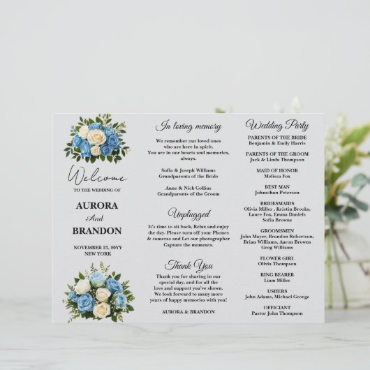 Elegant Blauw en Wit Bloemen Bruiloft Programma (Staand voorkant)