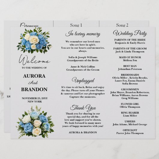 Elegant Blauw en Wit Bloemen Bruiloft Programma (Voorkant / Achterkant)