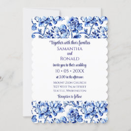 Elegant Blauw en Wit Bloemen Bruiloft Uitnodiging