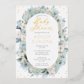 Elegant Blauw en Wit Bloemen Jongen Baby shower Folie Uitnodiging (Voorkant)