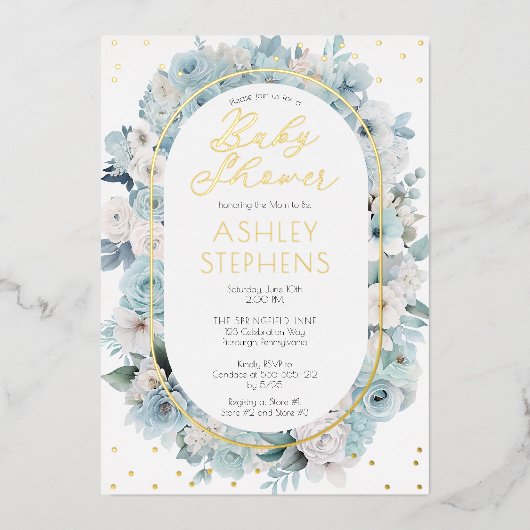 Elegant Blauw en Wit Bloemen Jongen Baby shower Folie Uitnodiging (Voorkant)