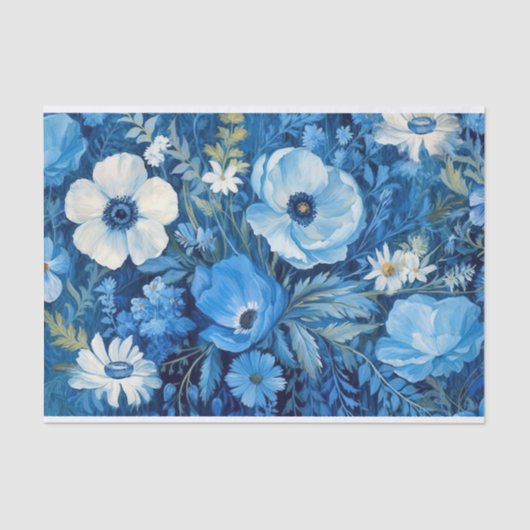 Elegant Blauw en Wit Bloemen Patroon Decoupage Tissuepapier (Voorkant)