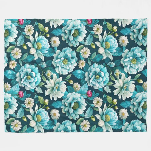 Elegant Blauw en Wit Bloemen Patroon Fleece Blank (Voorkant (Horizontaal))