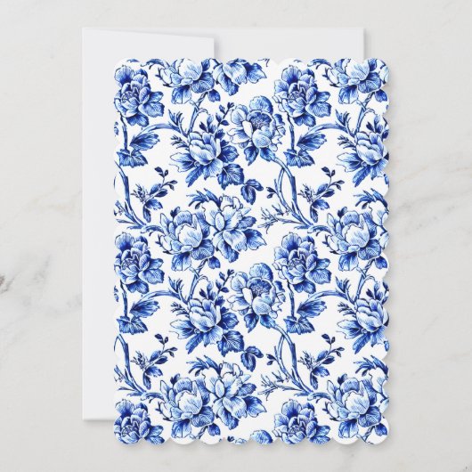 Elegant Blauw en Wit Bloemen Toile Bruiloft Kaart (Achterkant)
