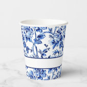 Elegant Blauw en Wit Bloemen Toile Bruiloft Papieren Bekers (Achterkant)