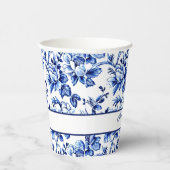 Elegant Blauw en Wit Bloemen Toile Bruiloft Papieren Bekers (Rechts)