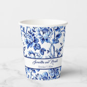 Elegant Blauw en Wit Bloemen Toile Bruiloft Papieren Bekers (Voorkant)
