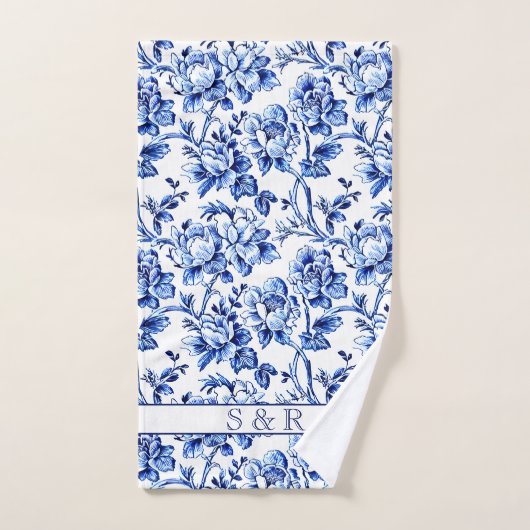 Elegant Blauw en Wit Bloementoilet Monogram Bad Handdoek (Handdoek)