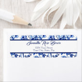 Elegant Blauw en Wit Bloementoilet Retouradres Etiket (Insitu)