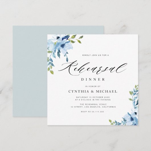 elegant blauw en wit bloemetjesrepetitief diner  kaart (Voorkant / Achterkant)