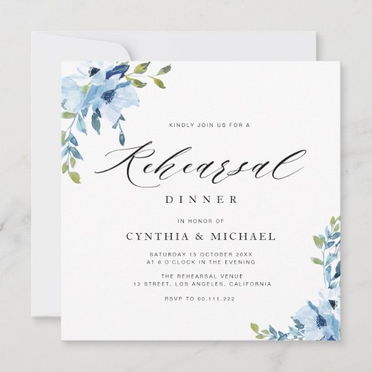 elegant blauw en wit bloemetjesrepetitief diner  kaart (Voorkant)