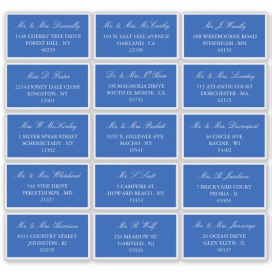 Elegant blauw en wit bruiloft individueel adres sticker (Voorkant)