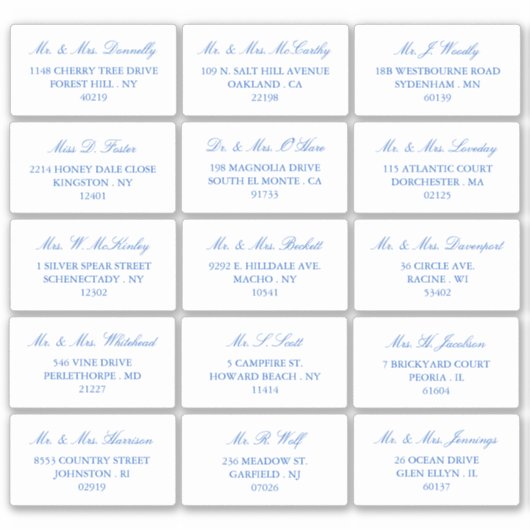 Elegant blauw en wit bruiloft individueel adres sticker (Voorkant)