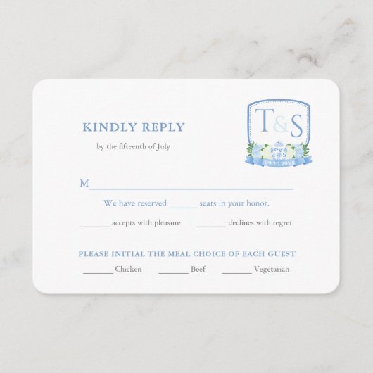 Elegant Blauw en Wit Bruiloft Maaltijd Keuze RSVP Informatiekaartje (Voorkant)