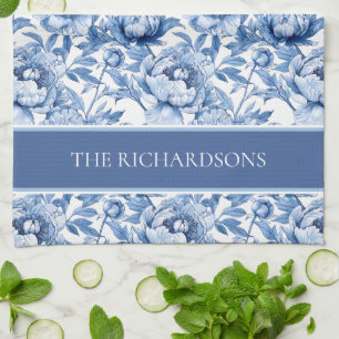 Elegant Blauw en Wit Chinees Bloemmotief Patroon Theedoek