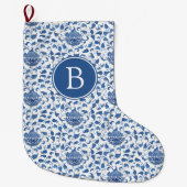Elegant blauw en wit Chinees vaasprint monogram Grote Kerstsok (Voorkant)